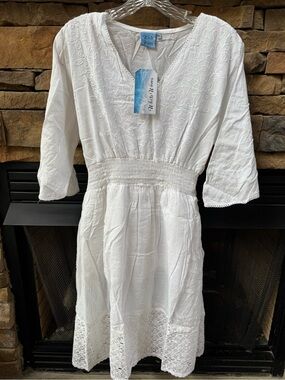 White Waves White Cotton V-Neck Embroidered Smocked Waist Dress